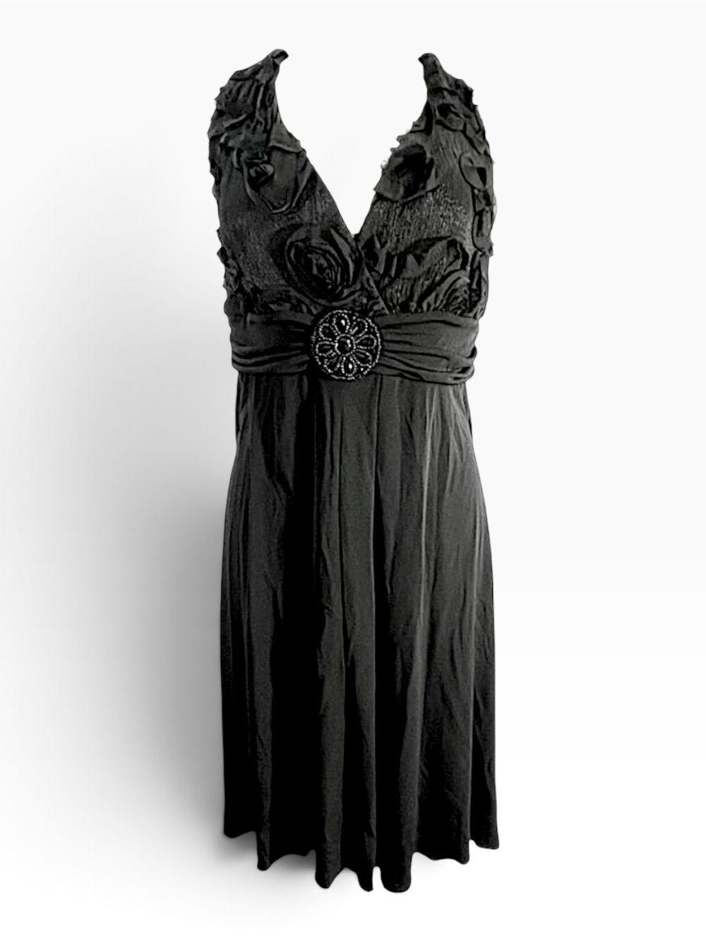 ENFOCUS Black Halter Cocktail Dress Ruffle Plunge Jewel Embellish Neckline SZ 16